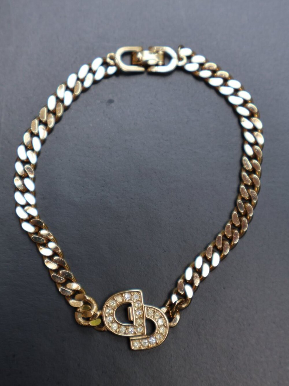 CHRISTIAN DIOR Bracelet CD Logo Rhinestone, Gold Plated 7.5"